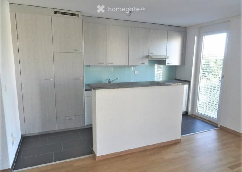 Modern kitchen with light-colored cabinets, a central island, and a sleek countertop. The space features wooden flooring and large windows allowing natural light to fill the room.
