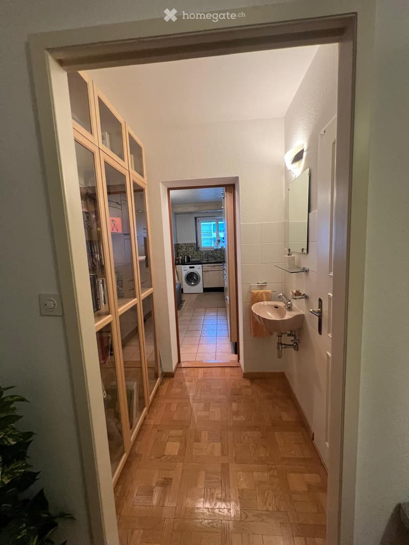 A well-lit hallway with wooden flooring, leading to a bathroom and a kitchen area. The bathroom features a sink, mirror, and towel, while the kitchen area includes a washing machine and cabinets.