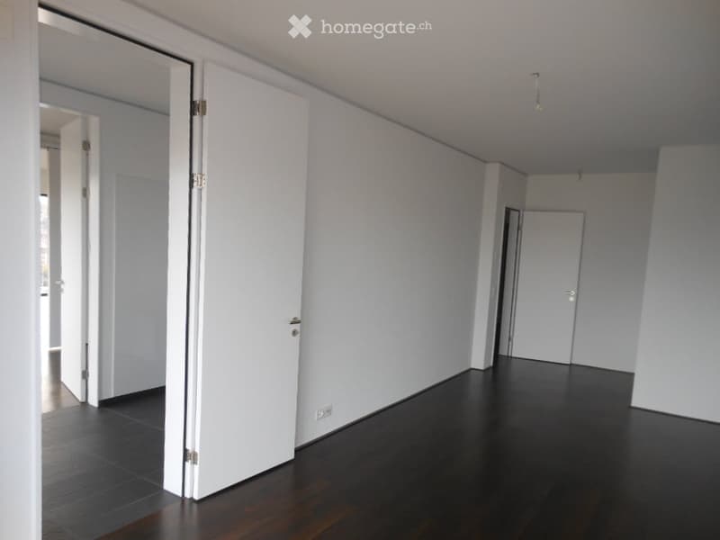 Empty room with white walls, dark wooden floor, and several white doors.