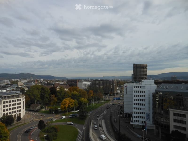 A panoramic view of a cityscape with multiple buildings, roads, and greenery under a cloudy sky.