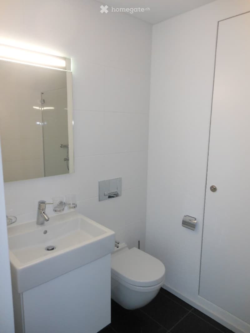 Modern bathroom with white tiles, a sink with a chrome faucet, a toilet, a mirror, and a light fixture above the mirror.