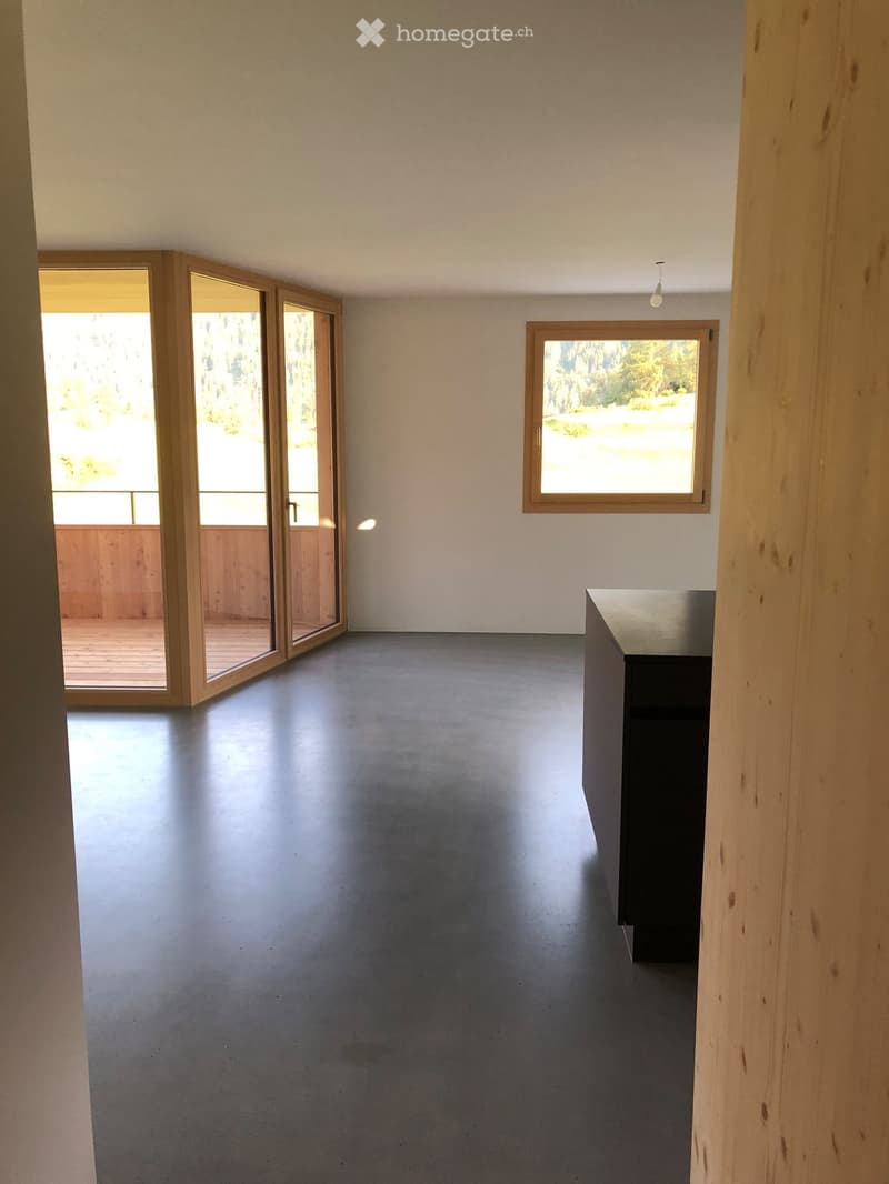 Empty room with grey concrete floor, white walls, large sliding glass doors leading to a wooden deck, and a single window with wooden frame.