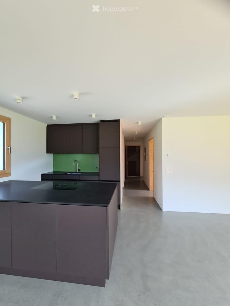 Modern kitchen with dark cabinets, a central island, and a sink. The space is clean and minimalistic with a concrete floor and recessed lighting.