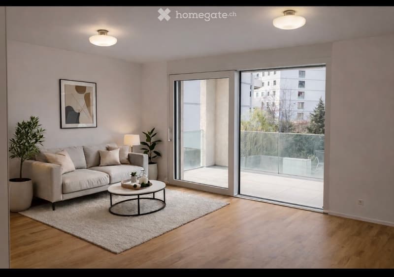Modern living room with light-colored sofa, coffee table, table lamp, potted plants, and a large window leading to a balcony.
