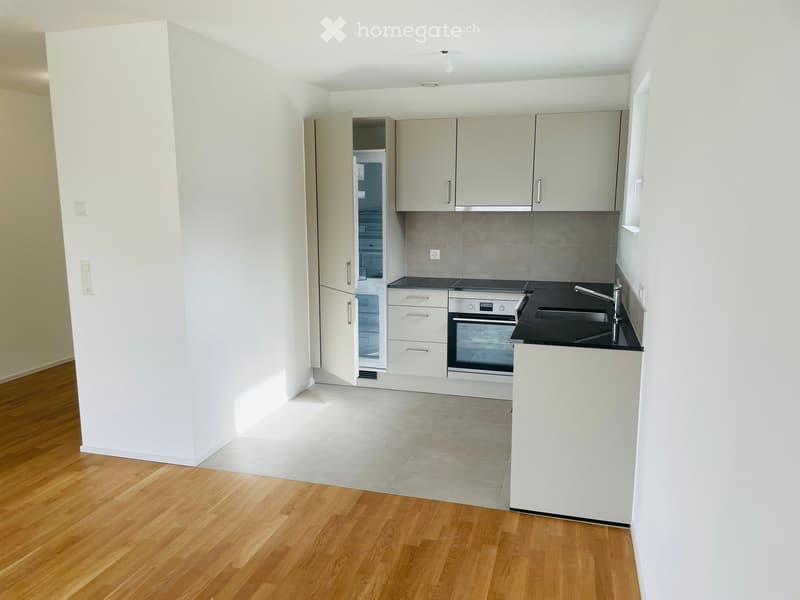 Modern kitchen with white cabinets, stainless steel appliances, and a black countertop.