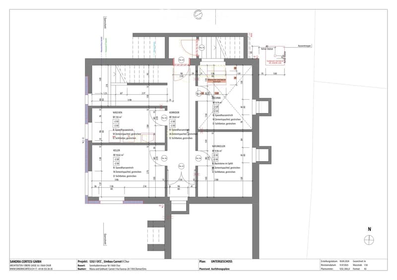 Floor plan of a basement level showing various rooms including a wash area, corridor, technical room, natural light room, and cellar. Dimensions and room labels are indicated.