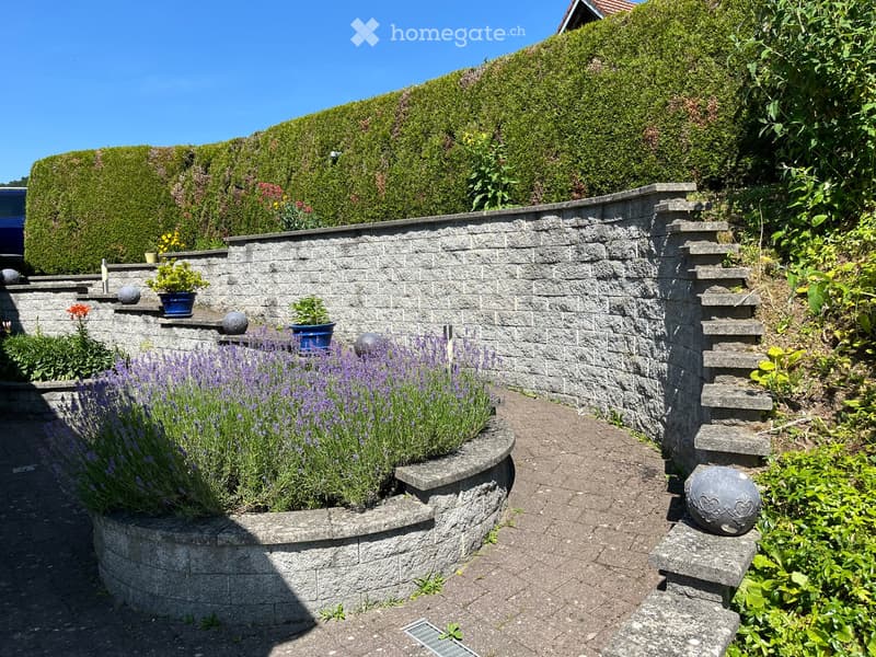 Garden / Outdoor Area. Well-maintained garden with a stone wall, lavender plants, potted flowers, decorative spheres, and a paved pathway.