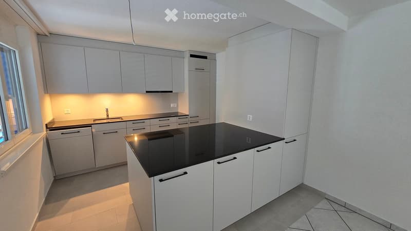 Modern kitchen with white cabinets, black countertop, and built-in appliances.