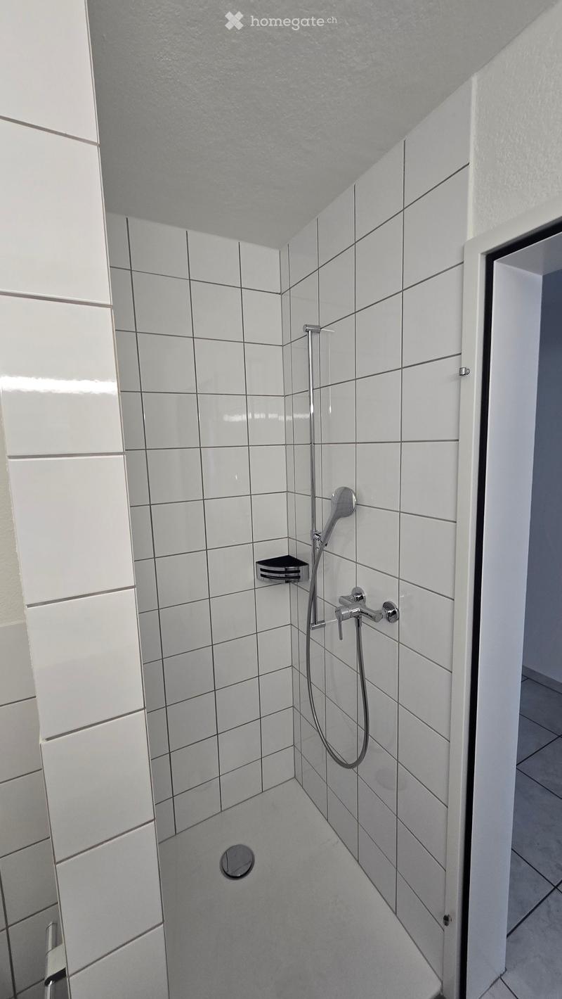 Modern shower area with white tiled walls and floor, featuring a handheld showerhead, a faucet, and a small black shelf for toiletries.