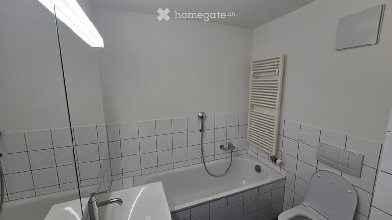 Modern bathroom with a bathtub, toilet, sink, and a radiator. The walls are tiled, and there is a large mirror above the sink.