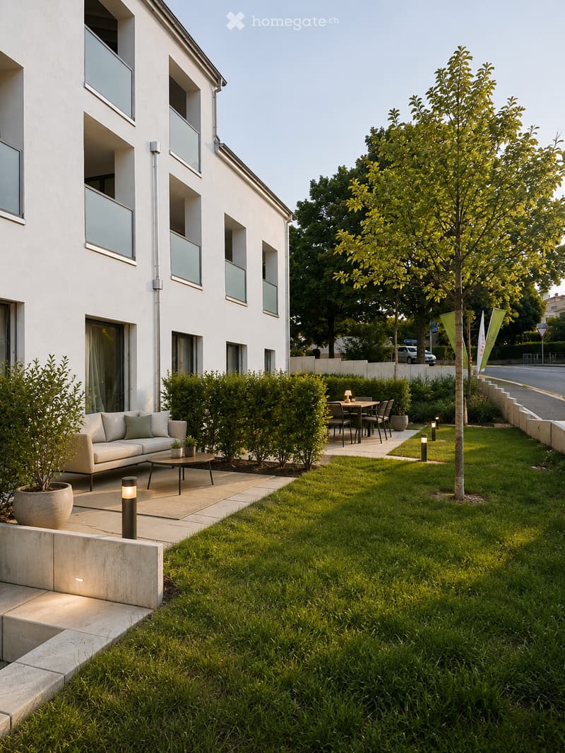 Modern outdoor area with a white sofa, coffee table, dining table, chairs, and potted plants, surrounded by well-maintained lawn and trees.
