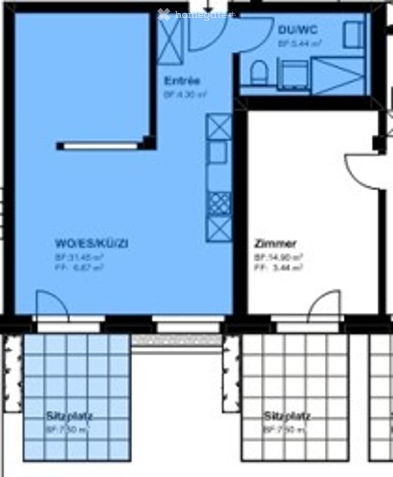 Floor plan of a residential unit with labeled rooms: Wohnzimmer (living room), Schlafzimmer (bedroom), Badezimmer (bathroom), and two Stückbäder (storage rooms).