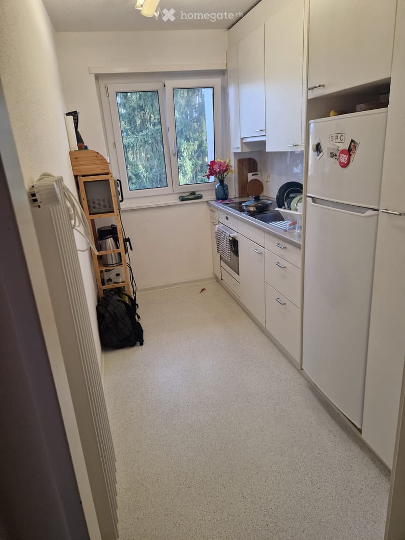 Modern kitchen with white cabinets, a refrigerator, stove, sink, and a window overlooking greenery. Includes a wooden shelf with cups and a backpack on the floor.