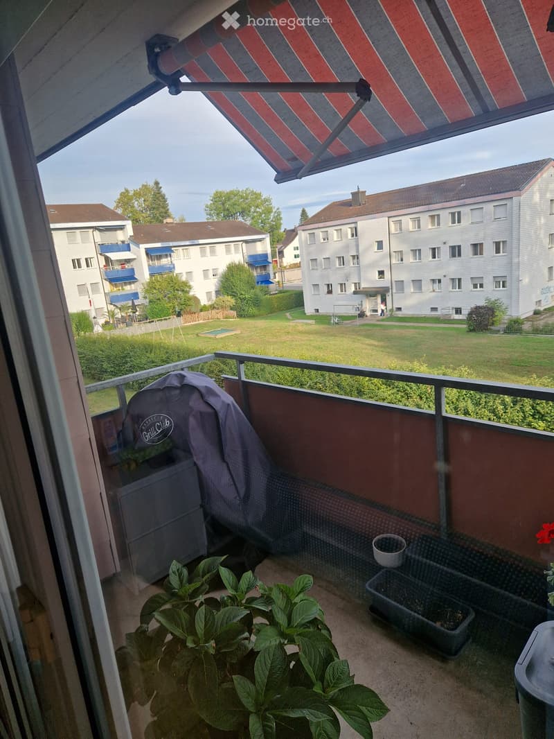 Balcony with a covered awning, metal railing, potted plants, and a view of a residential area with buildings, a lawn, and a swimming pool.