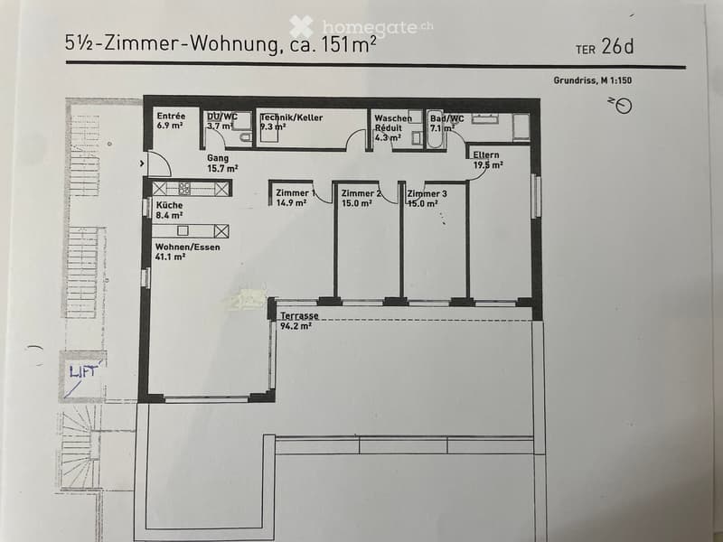 Floor plan of a 3-room apartment with 151 m² total area, including living/dining area, kitchen, three bedrooms, bathroom, hallway, and technical room.