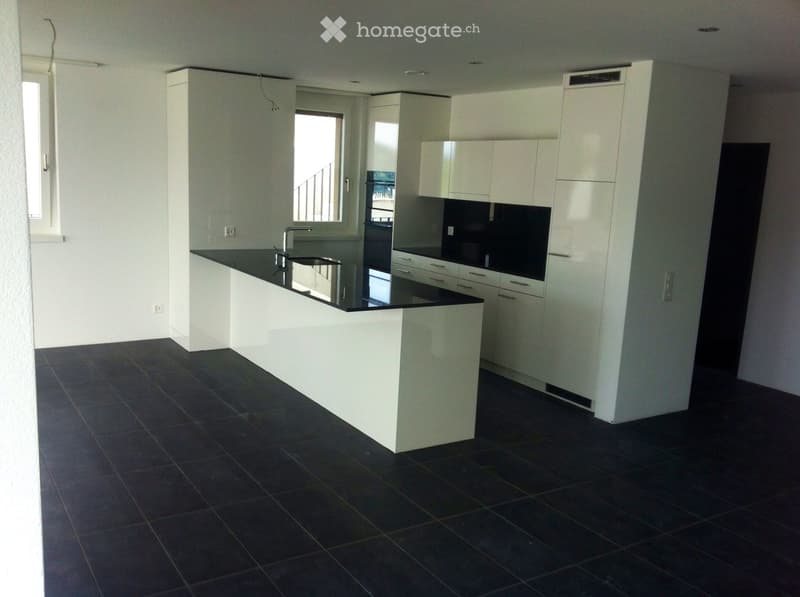 Modern kitchen with white cabinets, black countertop, and dark tiled floor.