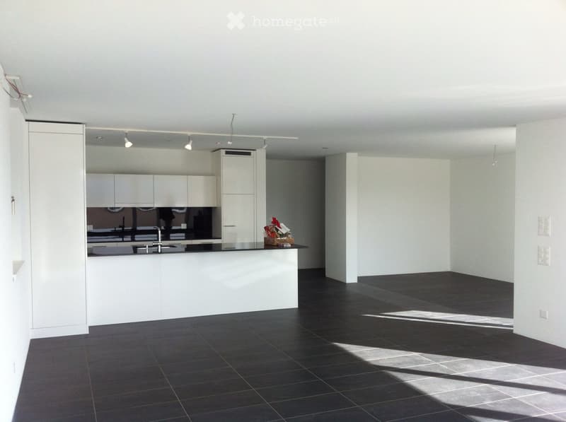 Modern kitchen with white cabinets, black countertop, and dark tiled floor. A small basket with items sits on the counter.