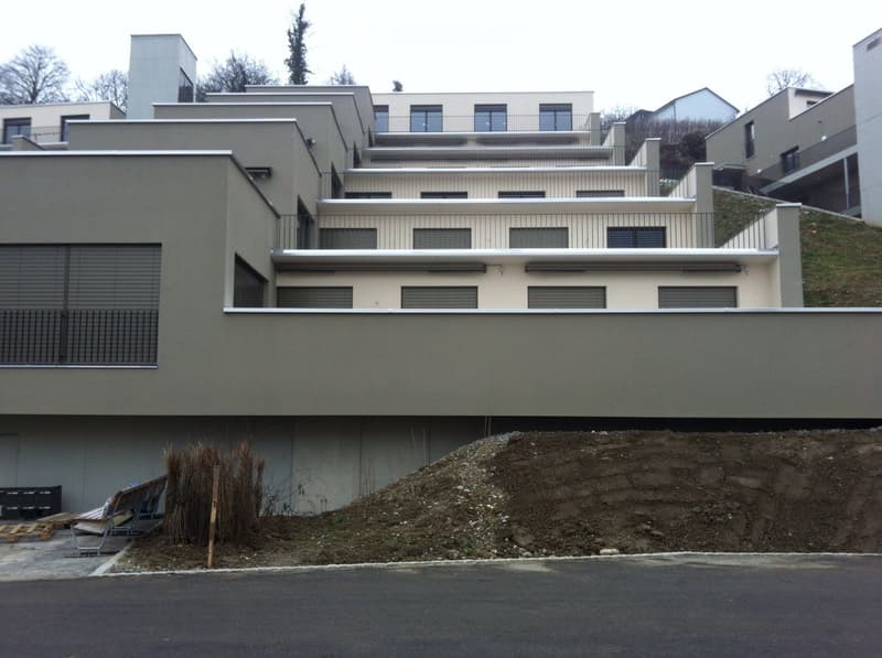 Modern multi-story residential building with clean lines, large windows, and balconies. The structure is set on a raised ground floor with a landscaped slope in front.