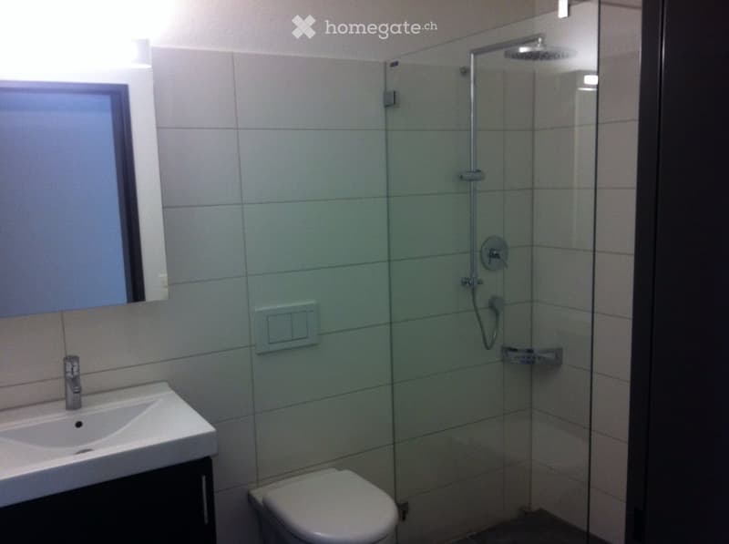 Modern bathroom with white tiles, a glass-enclosed shower, a sink with a modern faucet, and a toilet.