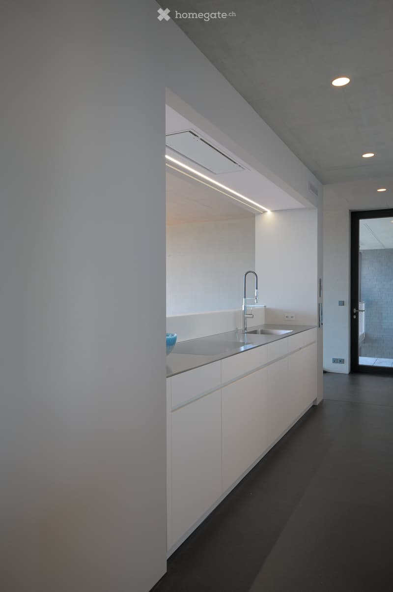 Modern kitchen with white cabinets, stainless steel sink, sleek faucet, and built-in lighting above the counter.