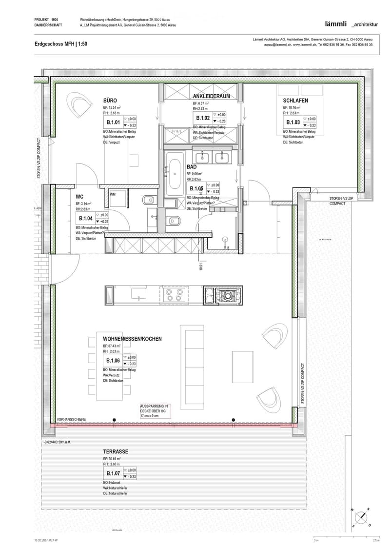 Ground floor plan of a multi-family home with labeled rooms including office, bedroom, bathroom, WC, living/dining/kitchen area, and terrace.
