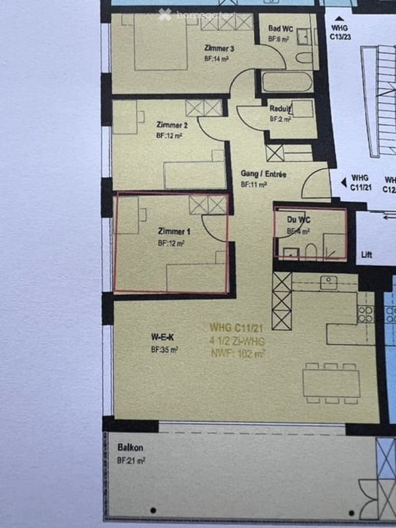 Floor plan of a 4-room apartment with a living room, three bedrooms, two bathrooms, and a balcony.