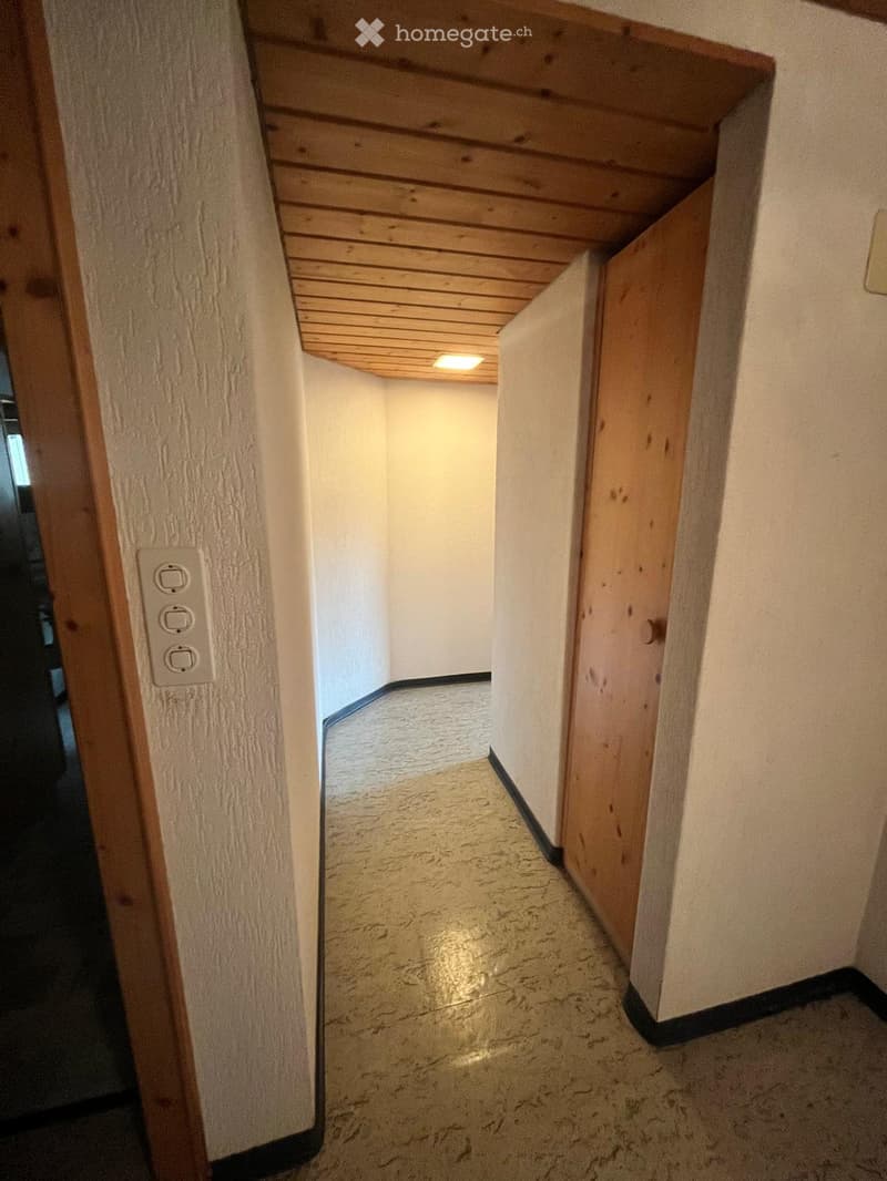 A narrow hallway with wooden panel ceiling, light-colored walls, and a carpeted floor. Features a light switch panel on the left wall and a wooden door frame on the right.