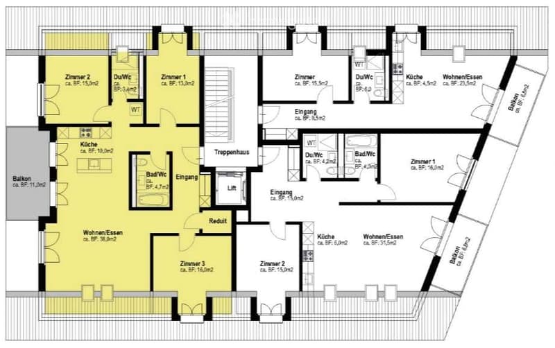 Floor plan of a two-story house with multiple rooms including bedrooms, bathrooms, kitchen, living-dining areas, and balconies.