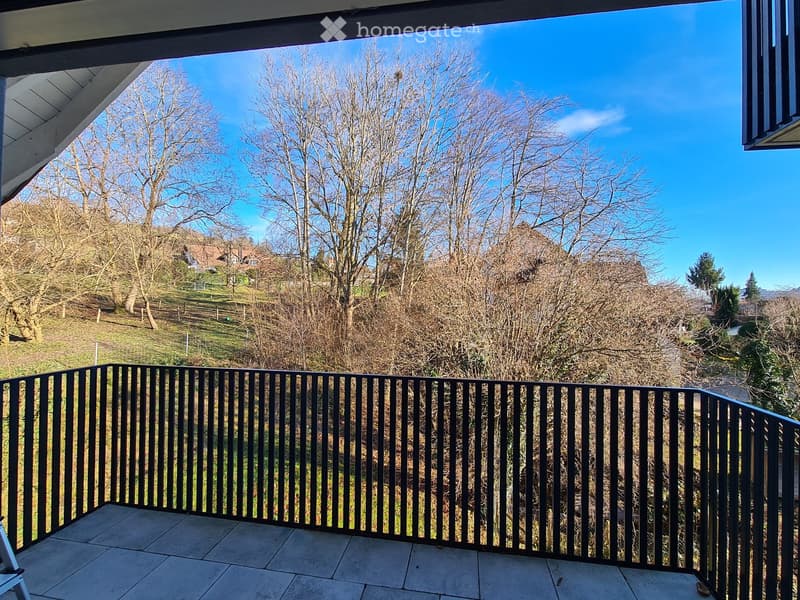Balcony with a black metal railing, tiled floor, and a view of a grassy area with trees and a house in the background.