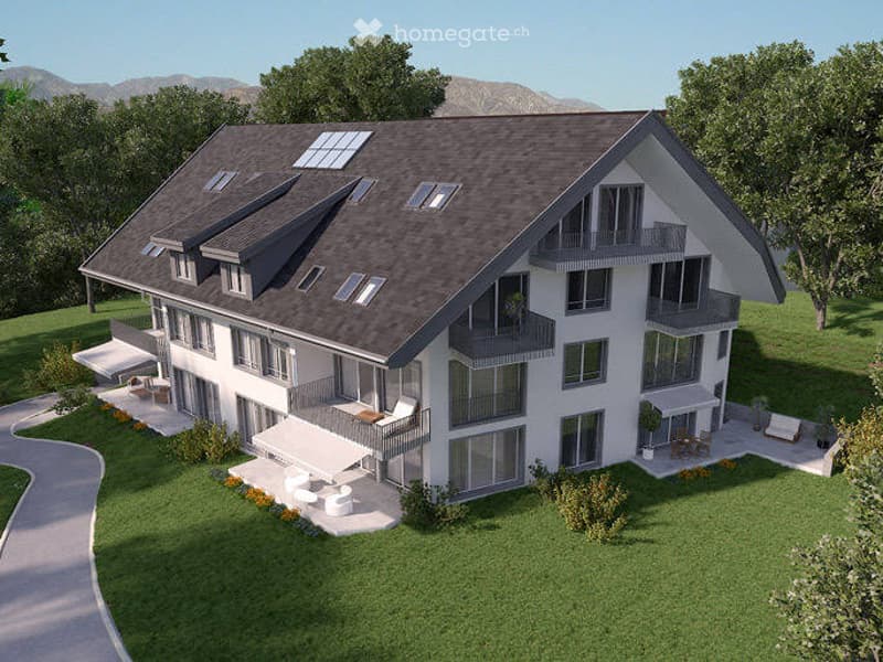 white house, gray roof, large front yard, multiple balconies, patio, solar panels