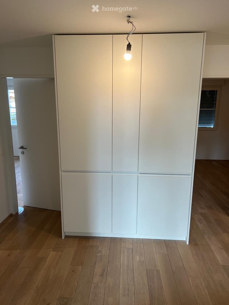 Empty room with light wooden flooring and white built-in storage units. A single pendant light hangs from the ceiling, and a doorway leads to another space.