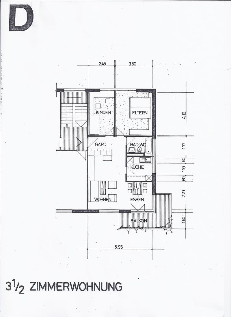 Floor plan of a 3.5-room apartment with labeled rooms: living room, dining room, kitchen, bathroom/WC, balcony, children's room, and parents' room.