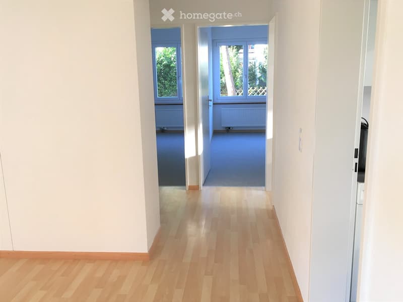 Empty hallway with light wooden flooring, white walls, and two open doors leading to rooms with blue walls and windows.