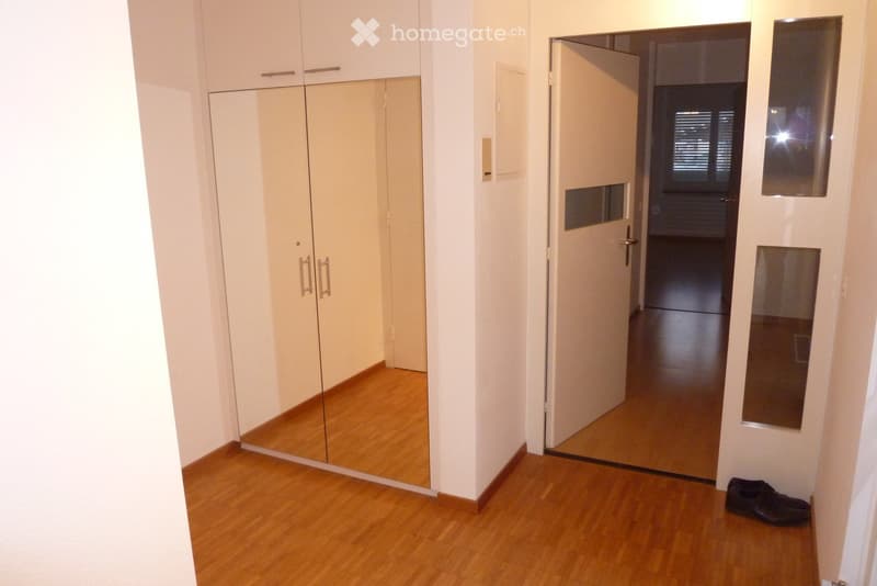 Empty hallway with wooden flooring, white walls, a large mirrored wardrobe on the left, and a closed door leading to another room on the right.