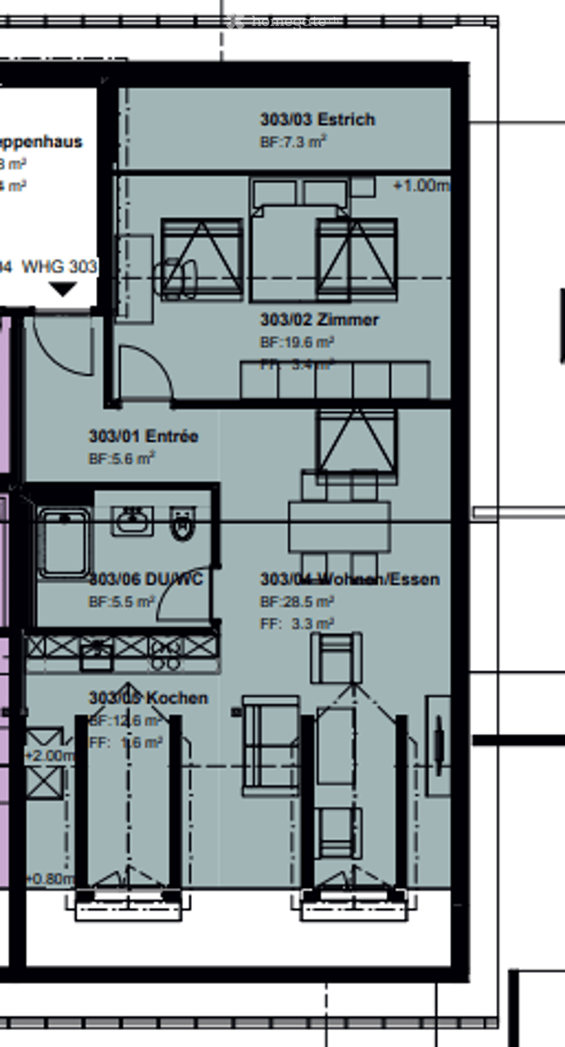 Floor plan of a 3-room apartment with entrance, living room, kitchen, bedroom, and bathroom.