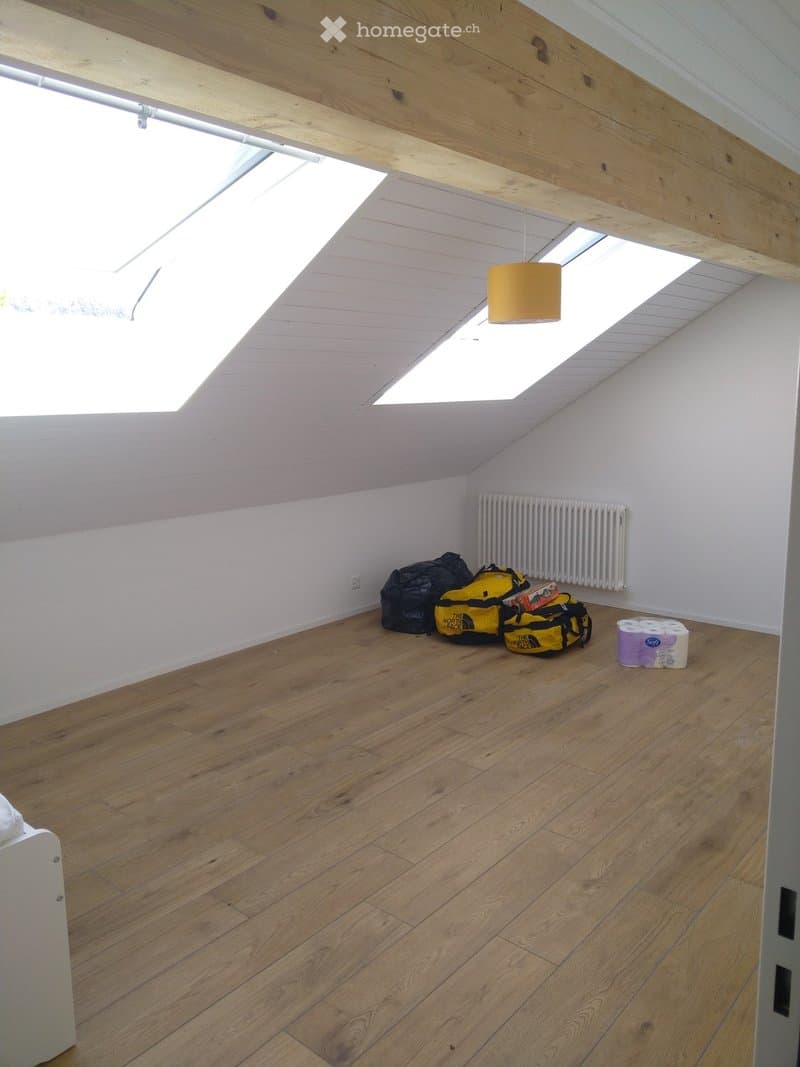 Empty attic room with wooden flooring, white walls, skylights, and a radiator. Some bags and a roll of toilet paper are placed in the corner.
