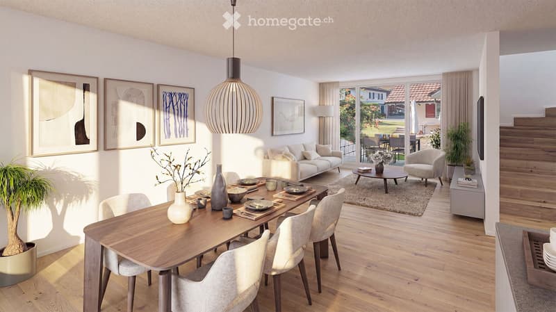 Modern living and dining area with light wood flooring, white walls, and large windows. Features a white sofa, coffee table, dining table with chairs, pendant light, and decorative vases.
