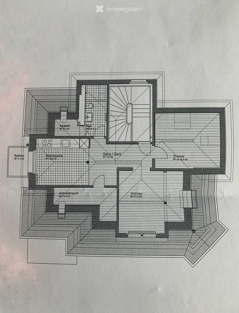 Floor plan showing a multi-room layout including a living-dining area, bedroom, bathroom, hallway, balcony, and storage room.