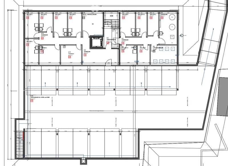Floor plan of a multi-level building with labeled rooms including cellars, storage, garage, and staircases.