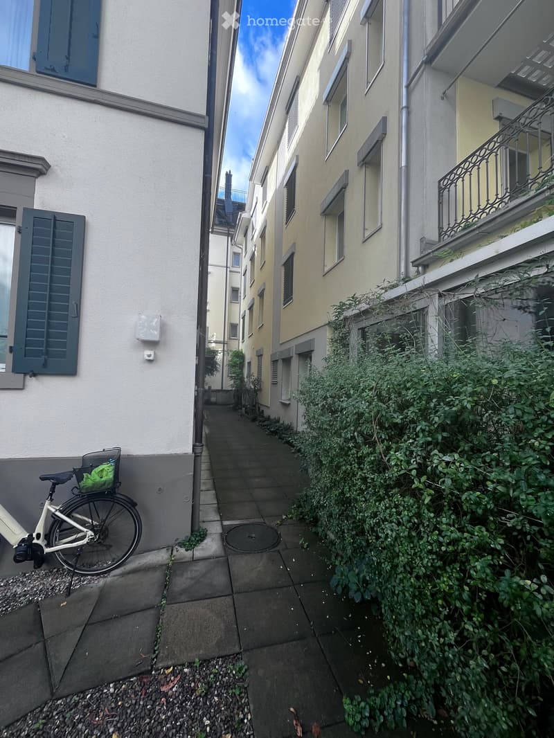 Narrow alleyway between buildings with a bicycle parked on the left, greenery on the right, and a metal manhole cover in the center.
