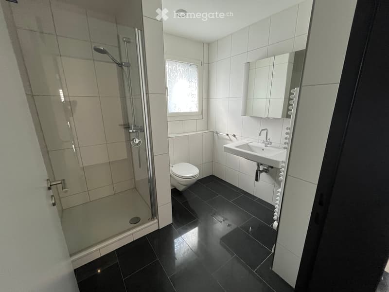Modern bathroom with black tiled floor, white tiled walls, a glass-enclosed shower, a toilet, a sink with a mirror, and a window with decorative glass.