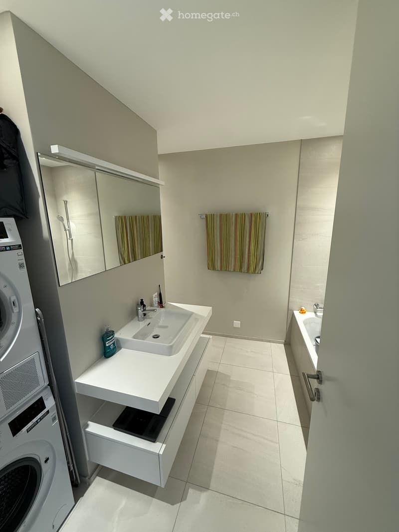 Modern bathroom with a white sink, mirror, towel, bathtub, and washing machine. The sink has a modern faucet and a small bottle of toothpaste on the counter.