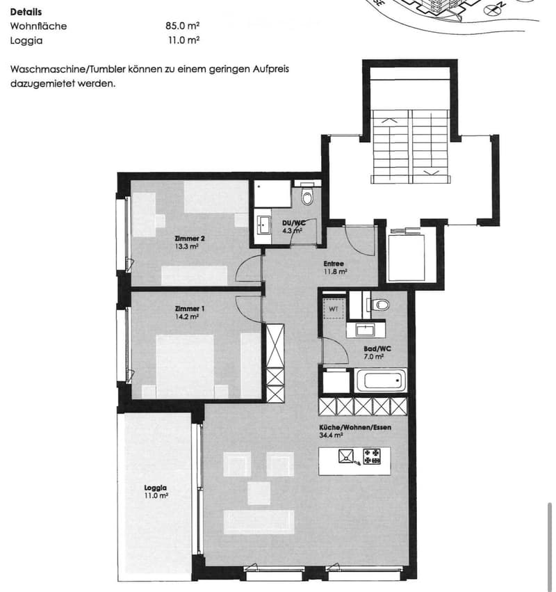 Floor plan of a 85.0 m² apartment with a loggia (11.0 m²). Layout includes two bedrooms (13.3 m² and 14.2 m²), a combined kitchen/living/dining area (34.4 m²), a bathroom/WC (7.0 m²), a separate WC (4.3 m²), and an entrance (11.8 m²).