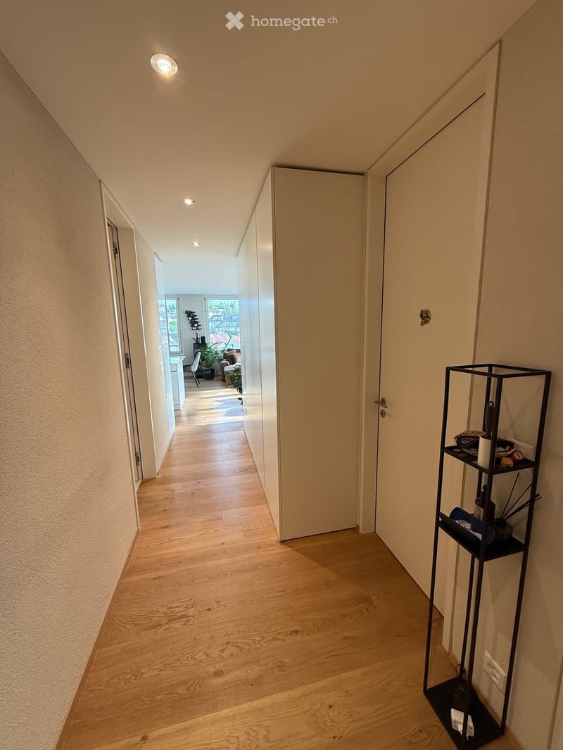 A modern hallway with light wooden flooring, white walls, and recessed lighting. A small black shelving unit is visible on the right side, and an open doorway leads to a living area with furniture and plants.