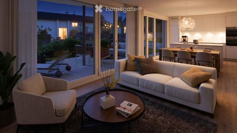 Modern living room with a white sectional sofa, coffee table, armchair, and dining area with a table and chairs. The room features large glass doors leading to a patio with outdoor furniture.