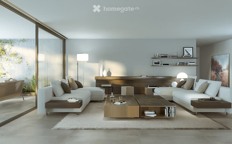 Spacious living room with large windows providing a scenic view, modern furniture including a sectional sofa, coffee table, and shelving unit, neutral color palette with light walls and wood accents, decorative vases and artwork on the shelves