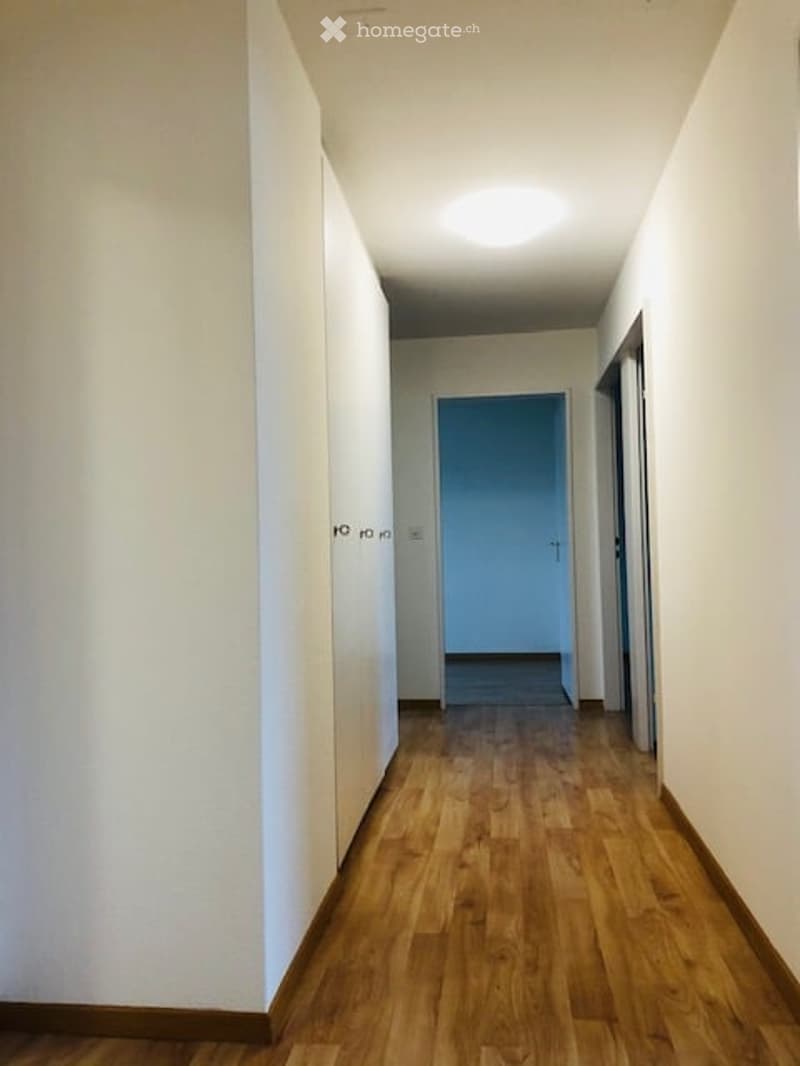 A narrow hallway with wooden flooring, white walls, and a single ceiling light. A closed door is visible at the end of the hallway.