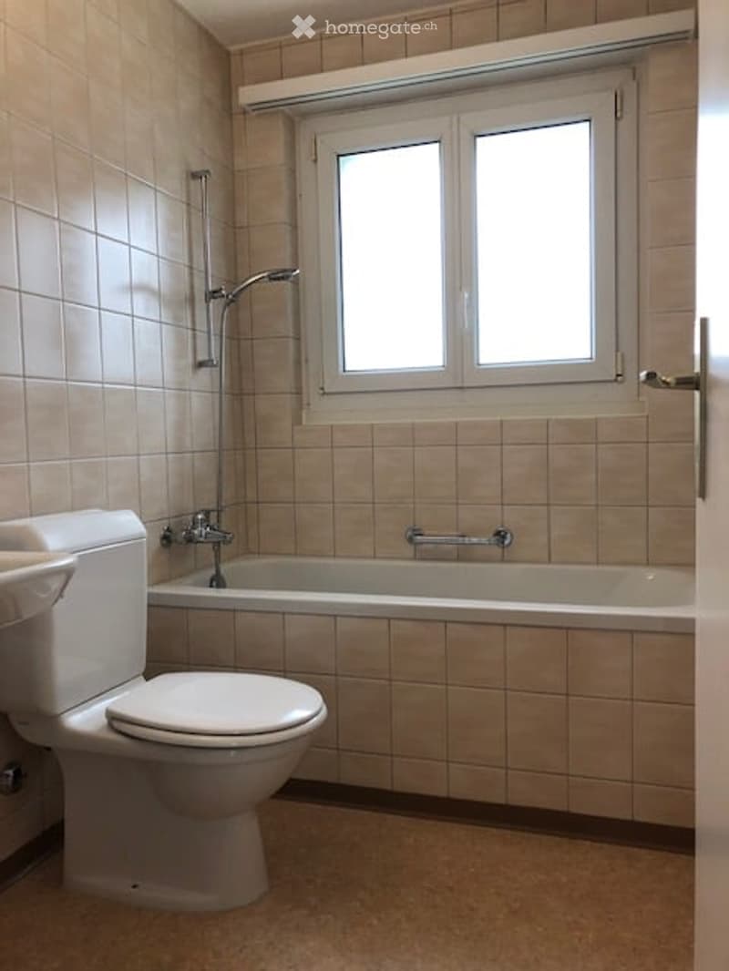 Bathroom with beige tiled walls and floor, a toilet, a bathtub, a showerhead, and a window with two panes.