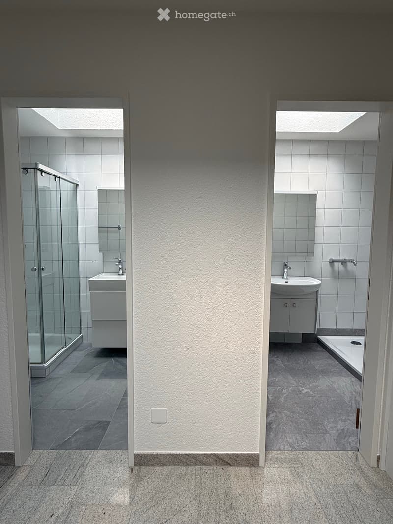 Modern bathroom with two separate sections: a shower area with a glass enclosure and a sink, and a bathtub area with a sink and mirror. Both sections have white tiled walls and grey tiled floors.