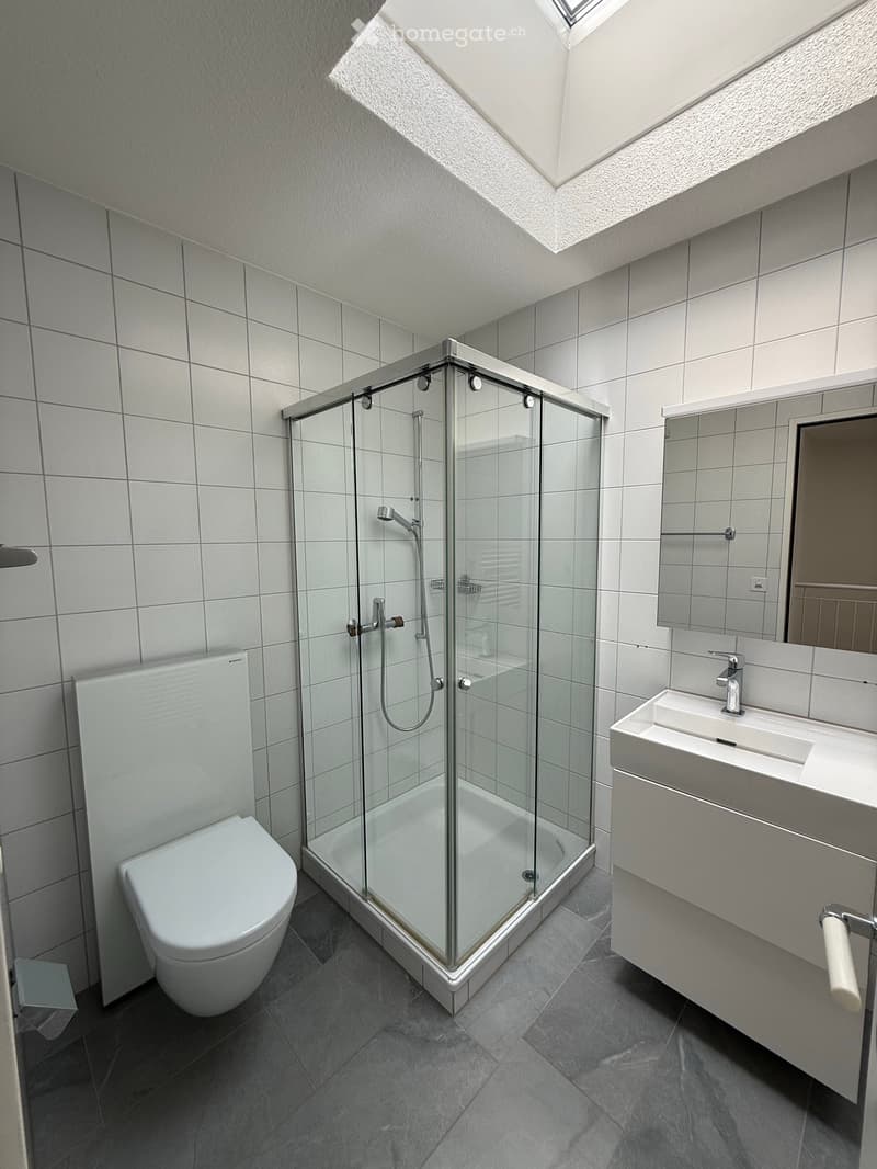 Modern bathroom with white tiles, a glass-enclosed shower, a toilet, a sink with a mirror, and a sleek design.